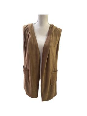 Black Noir Women's Hooded Faux Suede Vest Brown Sleeveless Open Front Size S